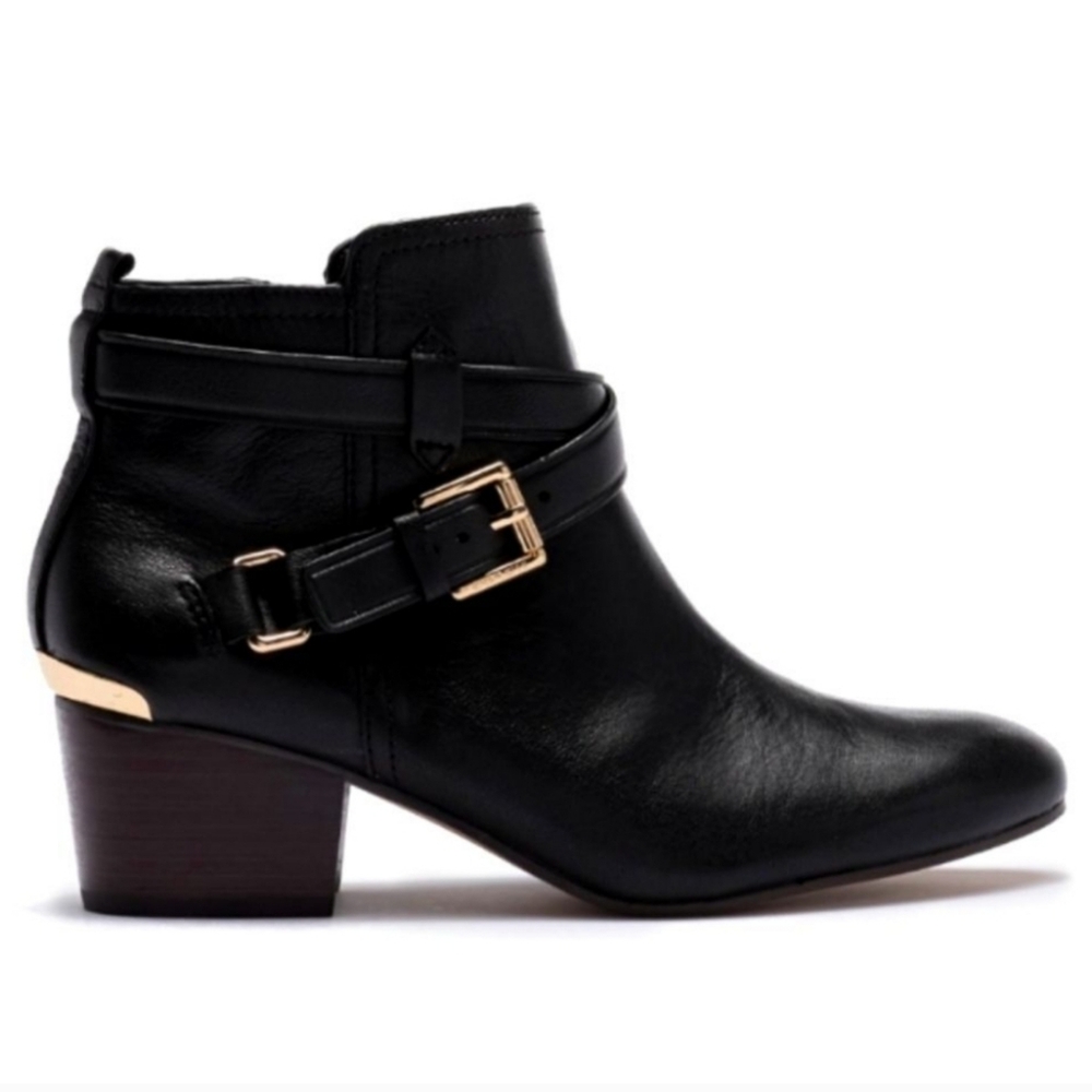 Coach Pauline Ankle Boots Size 8B black Leather Zipper Booties Gold Buckles Side